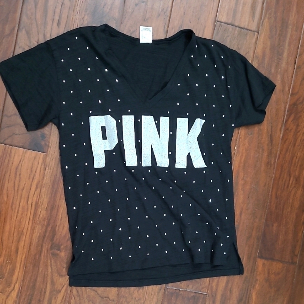 PINK Victoria's Secret Black Top with Silver Logo & Dots size Medium
